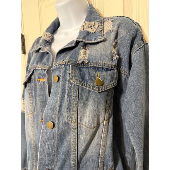 Say What? Women’s Distressed Jean Jacket Size Small Oversized Grunge Denim - Picture 3 of 10